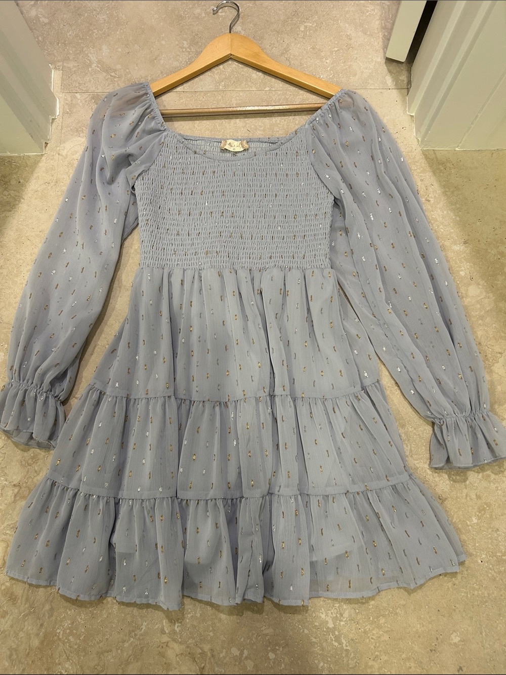 Light Blueish greyTiered Long-Sleeve' Dress with Metallic gold and silver Detail